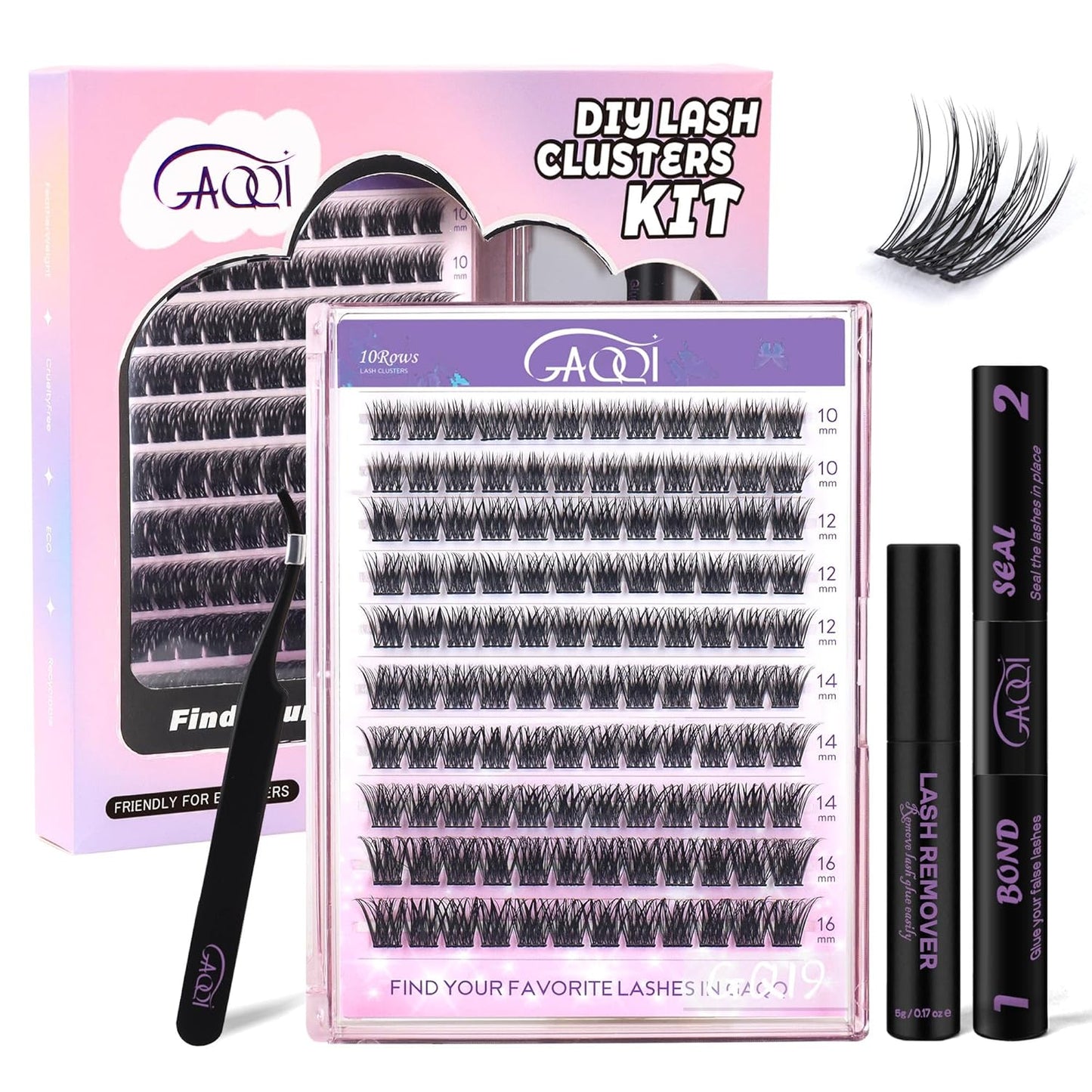 GAQQI Lash Clusters Kit, DIY Lash Extension Kit 120PCS Cluster Lashes C Curl, Wispy Eyelash Clusters 10-16MM with Lash Bond and Seal,Lash Remover and Lash Applicator (GQ19-KIT)-FemmiqueWomen