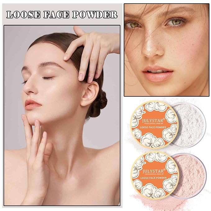 2PCS Setting Powder Loose Face Powder Matte Soft Smooth Oil Control Long Lasting Loose Setting Powder Makeup for Natural Flawless（01#Translucent+02# Pink Complexion）-FemmiqueWomen