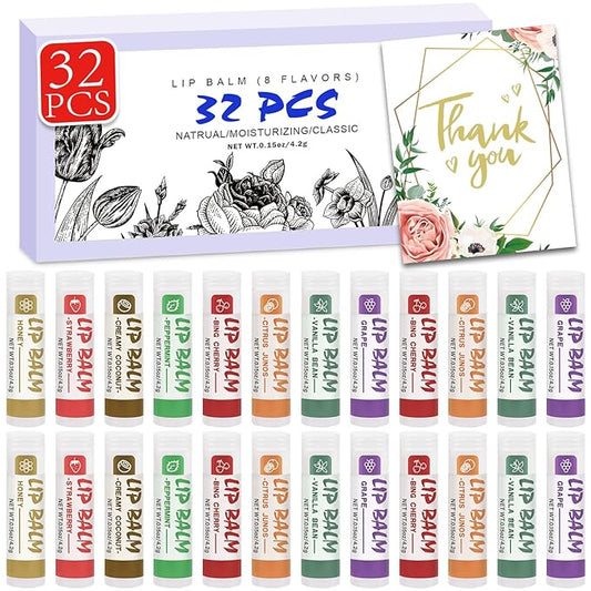 32 Pack Lip Balm, Natural Lip Balm Bulk with Vitamin E and Coconut Oil, Moisturizing Lip Balm for Stocking Stuffers - 8 Flavors-FemmiqueWomen