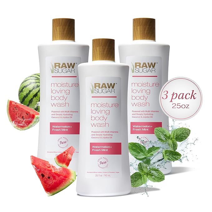 RAW SUGAR Moisture Loving Body Wash - Watermelon + Fresh Mint, Moisturizing & Refreshing Bath & Shower Gel, Sulfate-Free, Paraben-Free & Vegan (Pack of 3)-FemmiqueWomen