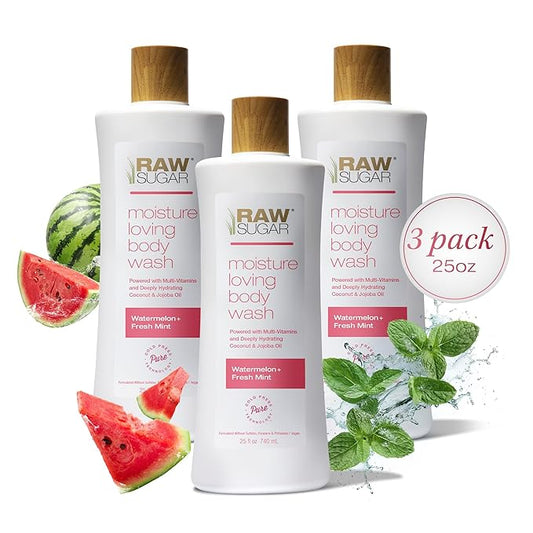 RAW SUGAR Moisture Loving Body Wash - Watermelon + Fresh Mint, Moisturizing & Refreshing Bath & Shower Gel, Sulfate-Free, Paraben-Free & Vegan (Pack of 3)-FemmiqueWomen
