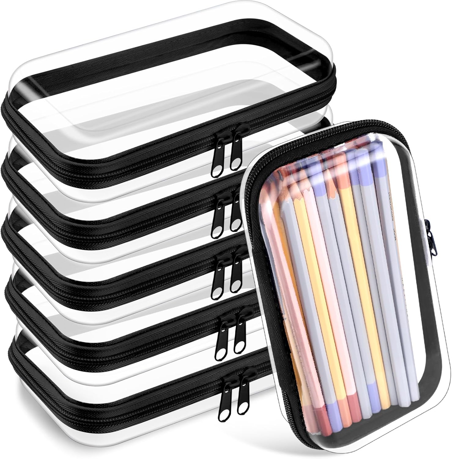 Sanwuta 6 Pcs Clear Hard Zipper Case Pencil Pouches Hard Plastic Zipper Pouches Makeup Bag Transparent Cases for Snacks Plastic Storage Organizer Box for Travel(Black,7.48 x 3.94 x 2 Inch)-FemmiqueWomen