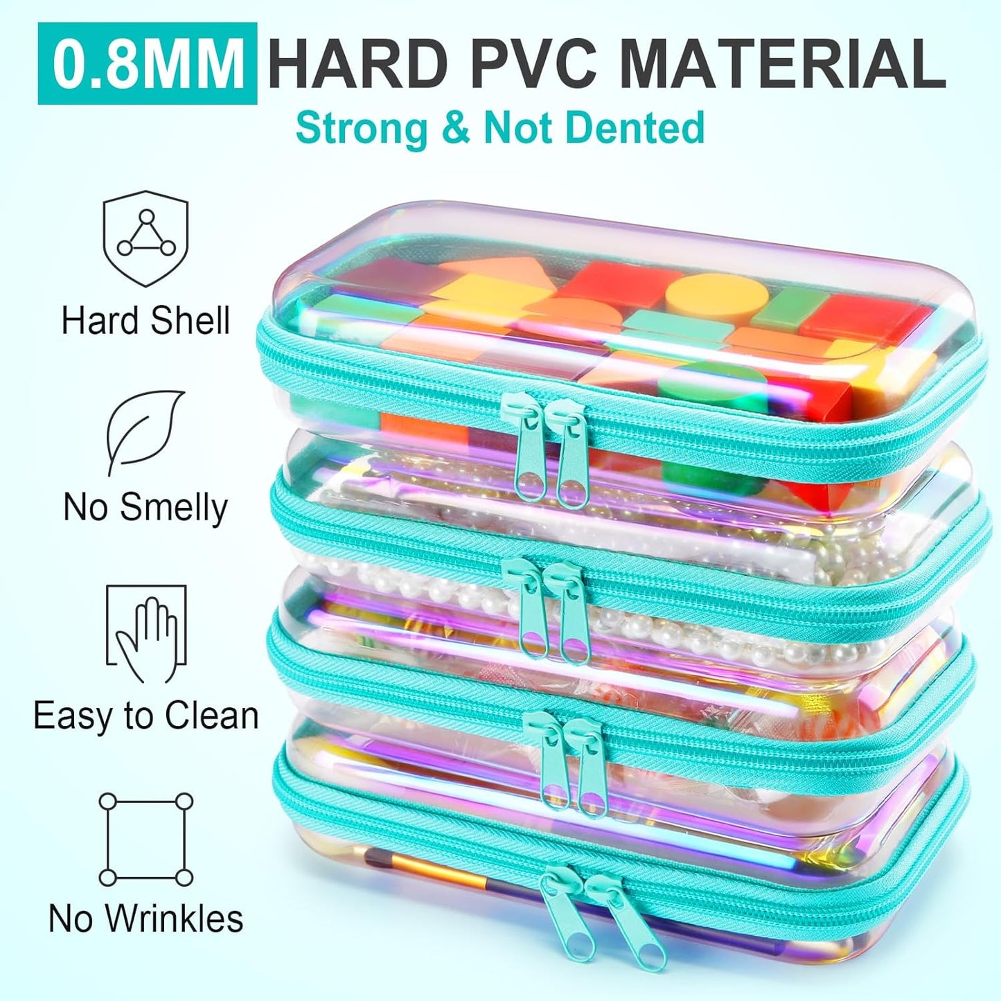 Hoolerry 4 Pcs Hard Clear Zipper Case Makeup Bags Plastic Pencil Pouch Transparent Storage Box Containers for Cosmetics, Snacks, Building Blocks, Puzzles(Blue Laser,7.5 x 3.9 x 2 in)-FemmiqueWomen
