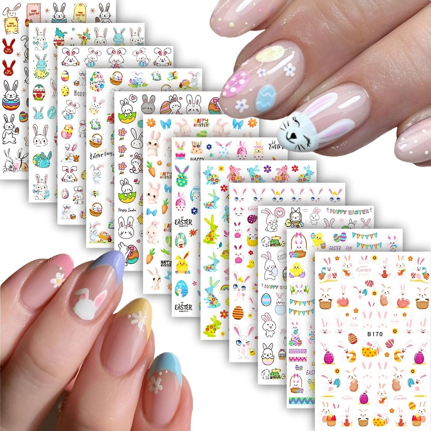 12 Sheets Easter Nail Art Stickers 3D Self Adhesive Cute Bunny Nail Stickers for Nail Art Colorful Egg Nail Decals Easter Nail Supplies for Women Girls-FemmiqueWomen