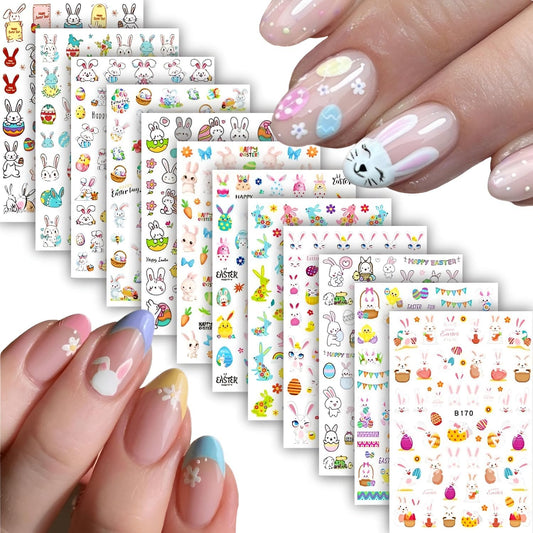 12 Sheets Easter Nail Art Stickers 3D Self Adhesive Cute Bunny Nail Stickers for Nail Art Colorful Egg Nail Decals Easter Nail Supplies for Women Girls-FemmiqueWomen
