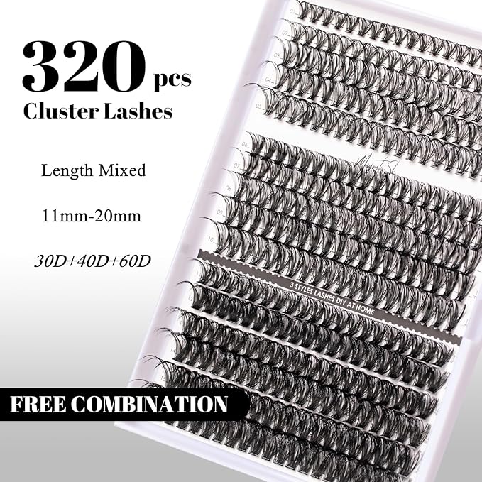 Lash Clusters 320pcs Individual Lashes 30D&40D&60D DIY Lash Extensions D Curl Lash Clusters False Eyelashes Natural Look 11-20mm Mix Cluster Eyelash Extensions EASY TO USE (30D+40D+60D-0.07D)-FemmiqueWomen