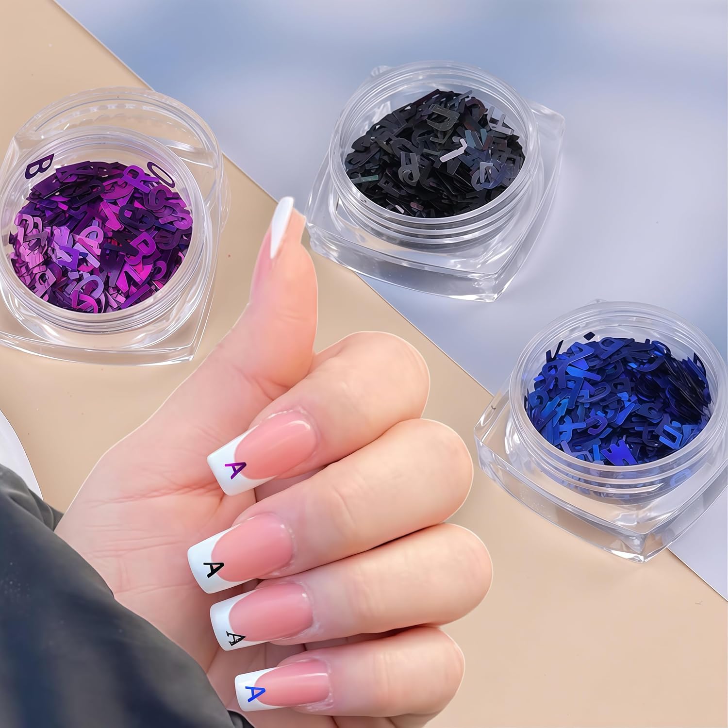 3 Colors Nail Art Glitters & Sequins - Black & Purple Letter Shaped Nail Sticker for Women's Manicure DIY-FemmiqueWomen