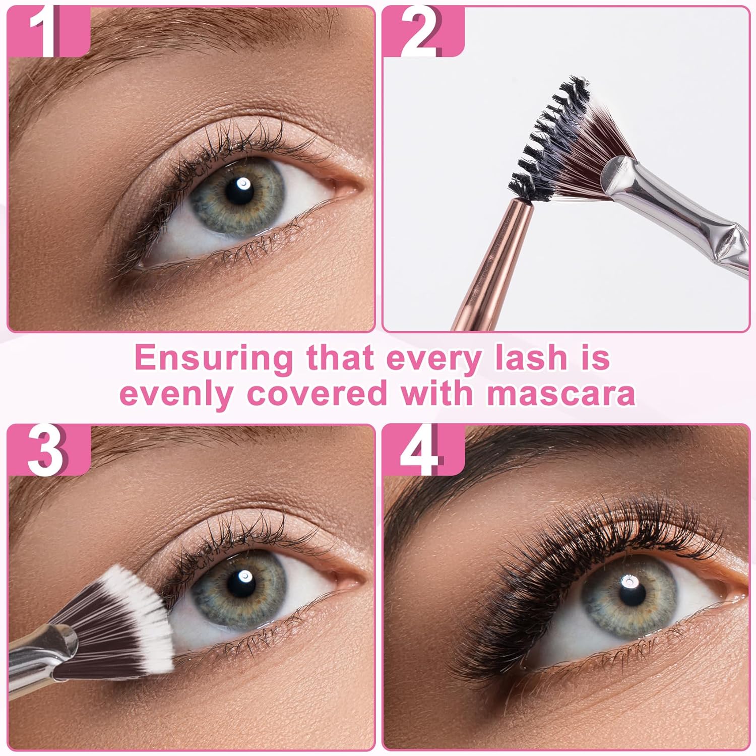 PAGOW 2pcs Folding Angle Scalloped Lash Brush, Eyelash Comb Separator Makeup Tool, Multifunctional Mascara Fan Brush with Soft Bristles for Upper Lower Eye Lash (Brown Bristles)-FemmiqueWomen