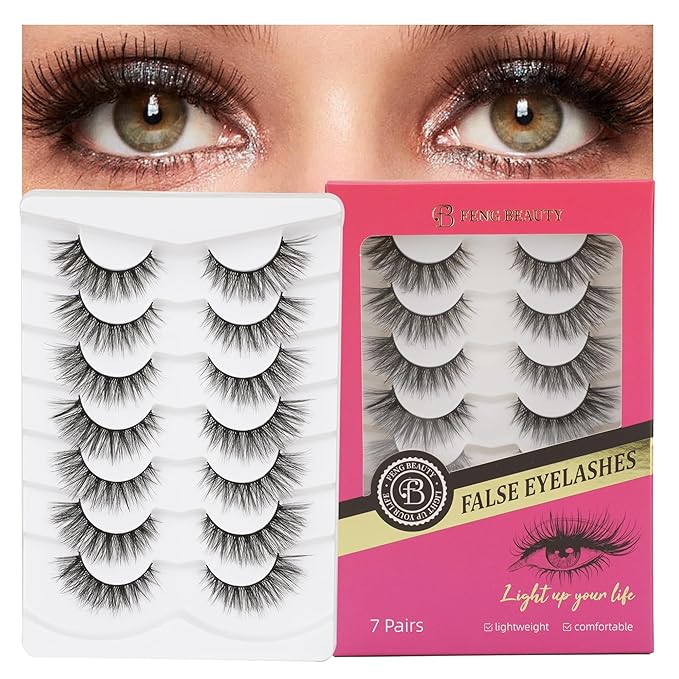 Fluffy Wispy Eyelashes 7 Pairs Natural Look Faux Mink Strip lashes, Lightweight D Curl Cat Eye Fake Lashes for Daily Wear, Reusable Eye Makeup Set-FemmiqueWomen