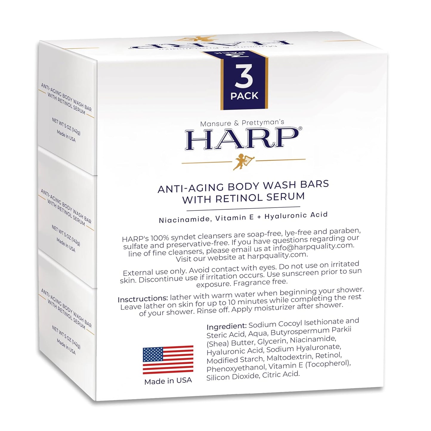 HARP Anti-Aging Body Wash Bar With Retinol + Niacinamide, Vitamin E, Hyaluronic Acid. 100% Syndet Base. Soap/Lye-Free and FRAGRANCE FREE (3-Pack, Anti-Aging Serum)-FemmiqueWomen