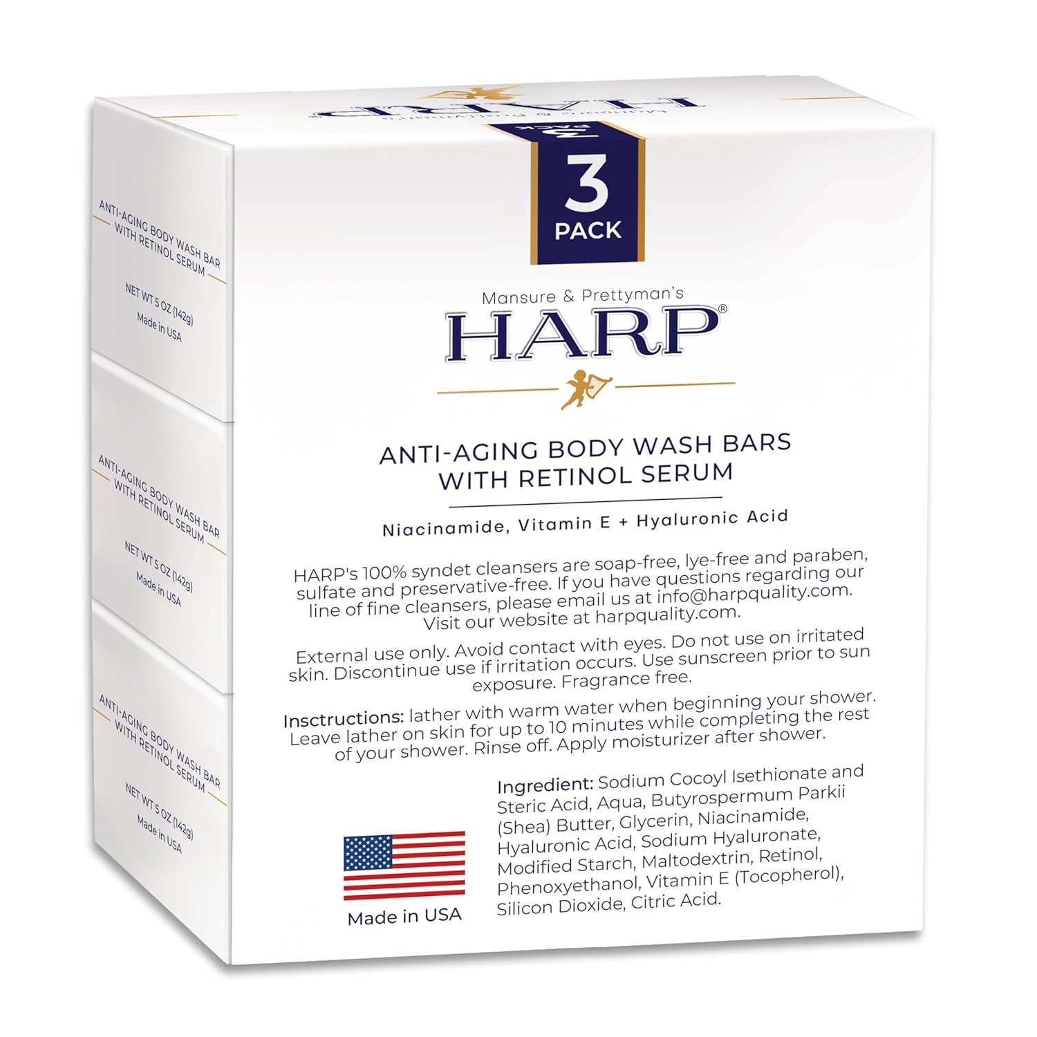 HARP Anti-Aging Body Wash Bar With Retinol + Niacinamide, Vitamin E, Hyaluronic Acid. 100% Syndet Base. Soap/Lye-Free and FRAGRANCE FREE (3-Pack, Anti-Aging Serum)-FemmiqueWomen