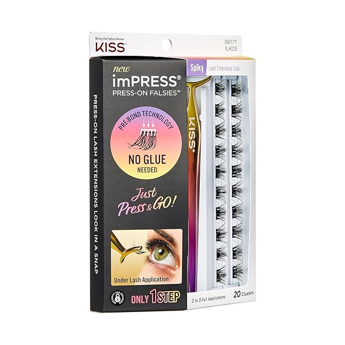 KISS imPRESS Falsies Press On Self Adhesive Eyelashes, 12mm-14mm Glam Volume Press On Lashes, Black, No Glue Needed, Invisible Band, 20 Lash Clusters & Non-Stick Applicator - Spiky-FemmiqueWomen