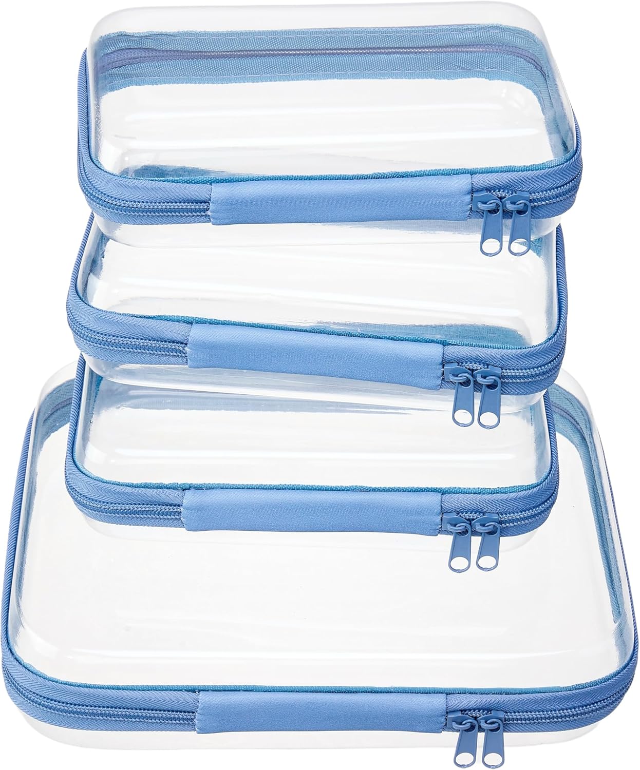4 pcs Clear Zipper Pouches,Hard Shell Zipper Case, Toiletry Bag for Travel, CLear Diaper Bag, Toiletry Pouch, Travel Organizer, Clear Cosmetic Bag,Toy Storage Bins (M+3S) (Blue)-FemmiqueWomen