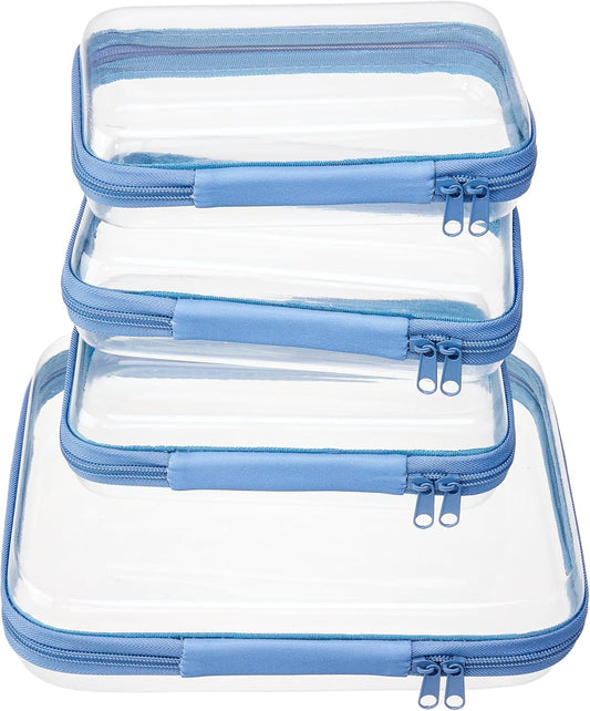 4 pcs Clear Zipper Pouches,Hard Shell Zipper Case, Toiletry Bag for Travel, CLear Diaper Bag, Toiletry Pouch, Travel Organizer, Clear Cosmetic Bag,Toy Storage Bins (M+3S) (Blue)-FemmiqueWomen