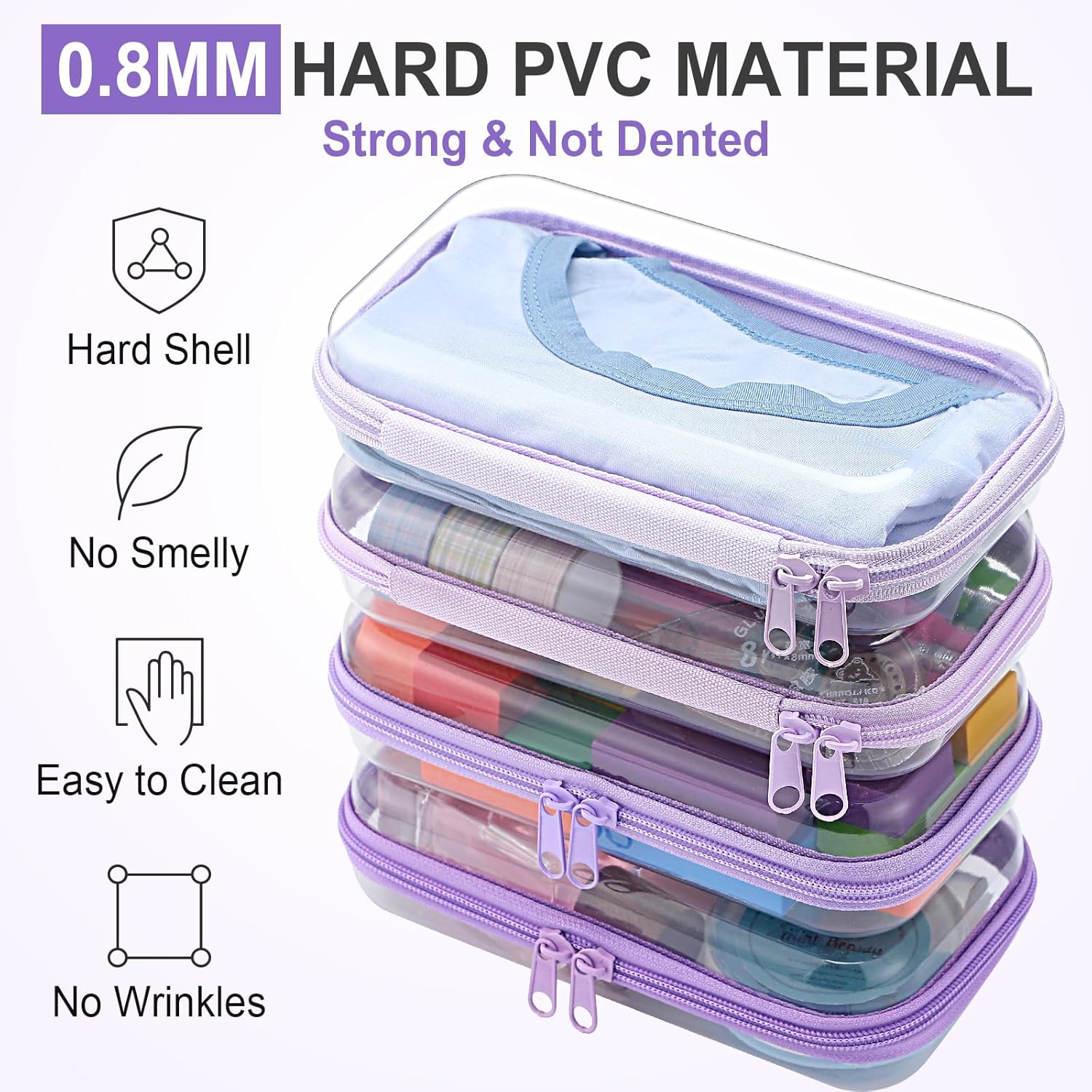 Hoolerry 4 Pcs Hard Clear Zipper Case Makeup Bags Plastic Pencil Pouch Transparent Storage Box Containers for Cosmetics, Snacks, Building Blocks, Puzzles(Purple,7.5 x 3.9 x 2 in)-FemmiqueWomen