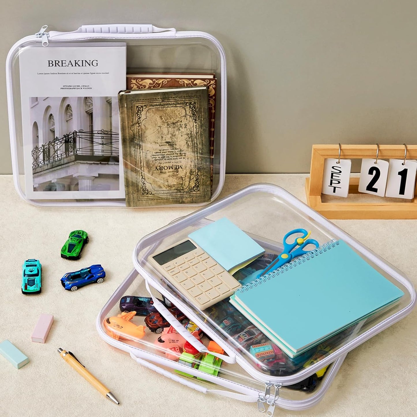 Hoolerry 3 Pcs Clear Hard Zipper Case Plastic Pouch Transparent Hard Case Clear Makeup Bag Portable Travel Organizer Bin for Cosmetics, Building Blocks, Puzzles(White,L)-FemmiqueWomen