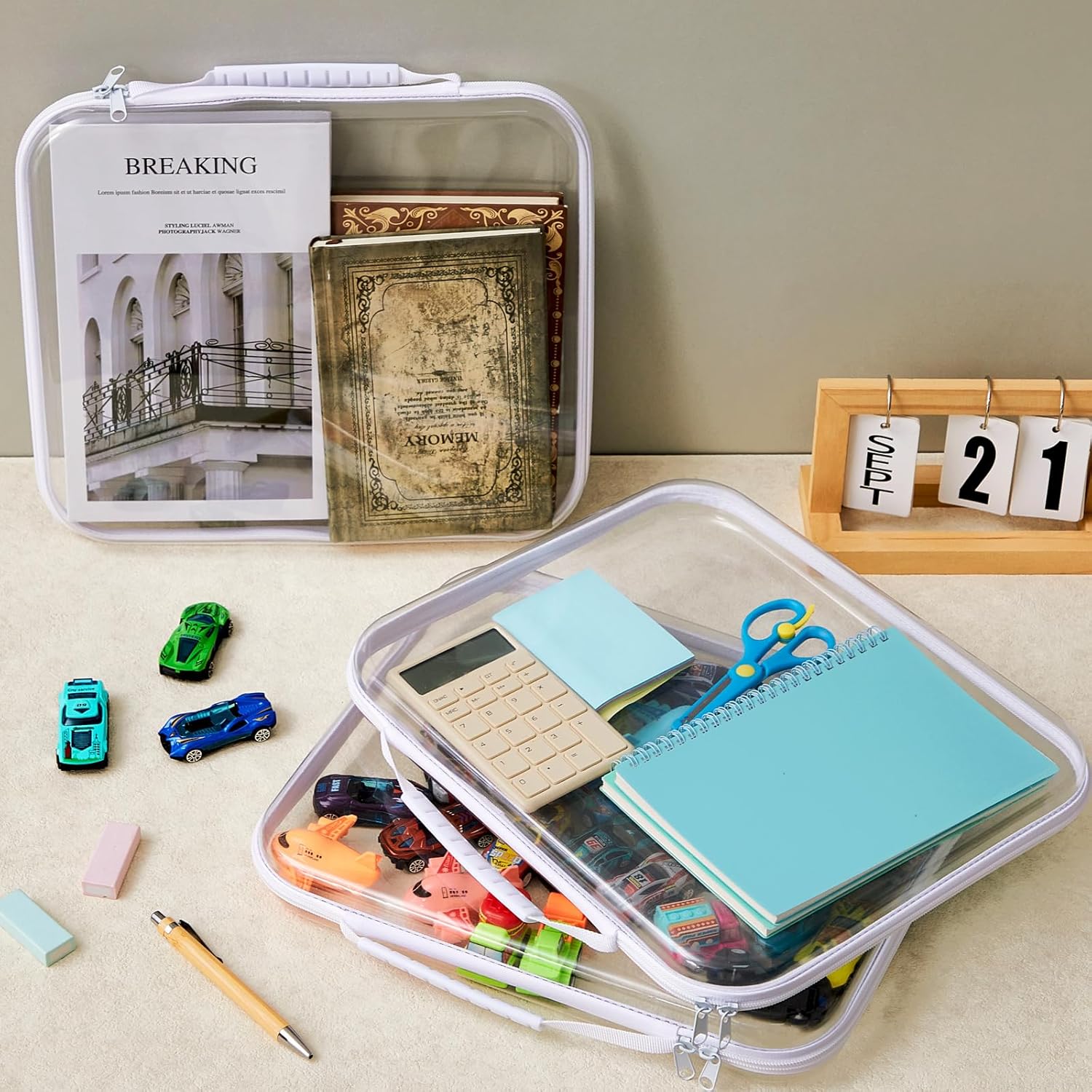 Hoolerry 3 Pcs Clear Hard Zipper Case Plastic Pouch Transparent Hard Case Clear Makeup Bag Portable Travel Organizer Bin for Cosmetics, Building Blocks, Puzzles(White,L)-FemmiqueWomen