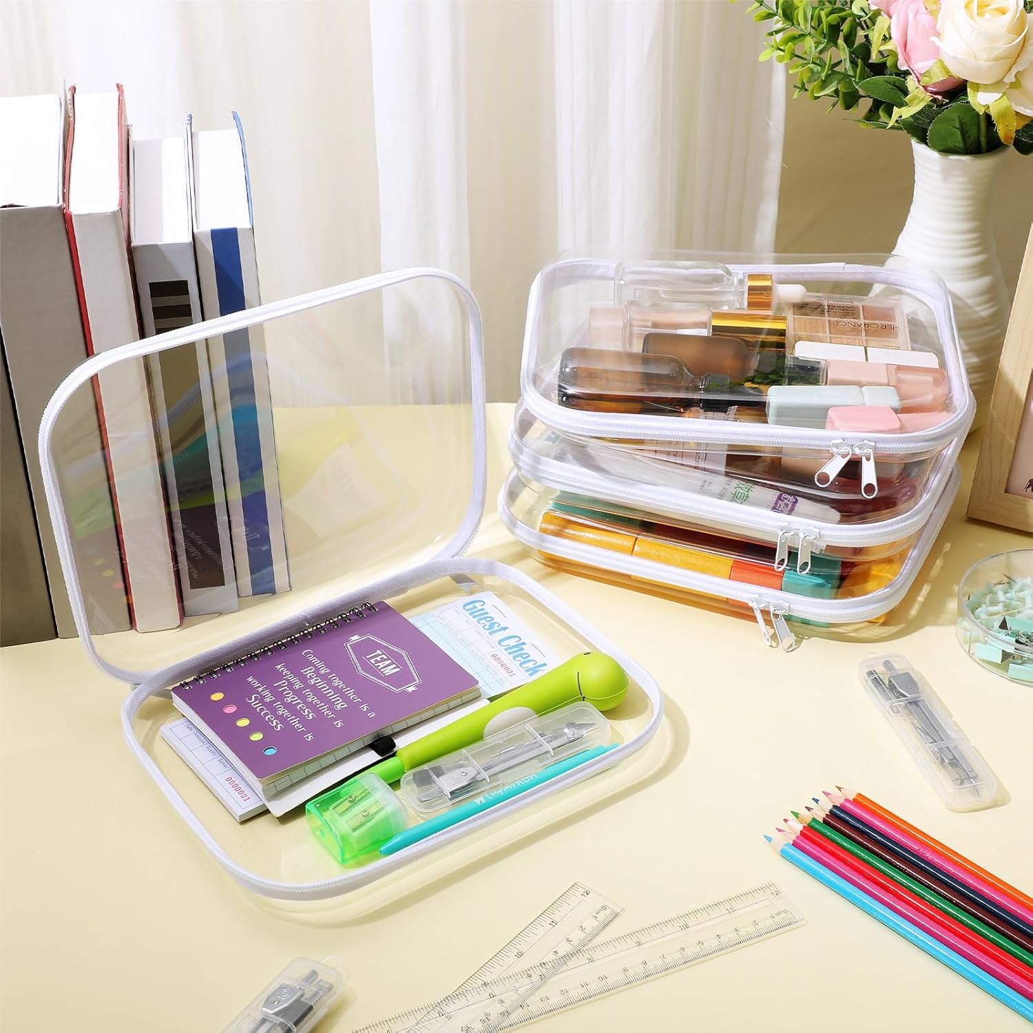 Hoolerry 4 Pcs Hard Clear Zipper Case Makeup Bags Plastic Pencil Pouch Transparent Storage Box Containers for Cosmetics, Snacks, Building Blocks, Puzzles(White,9.8 x 7.9 x 2 in)-FemmiqueWomen