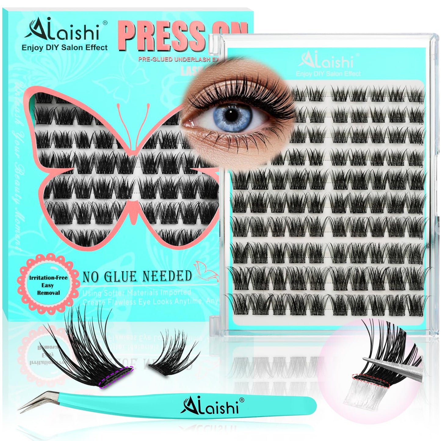 No Glue Needed Lashes, Self Adhesive Eyelashes, DIY Lash Cluster Eyelash Extensions Kit 10‑18mm,120pcs Fluffy D Curl Soft Natural Lashes with Tweezers–Fake Cat Eye Wispy Individual Clusters(NGDYAA1)-FemmiqueWomen