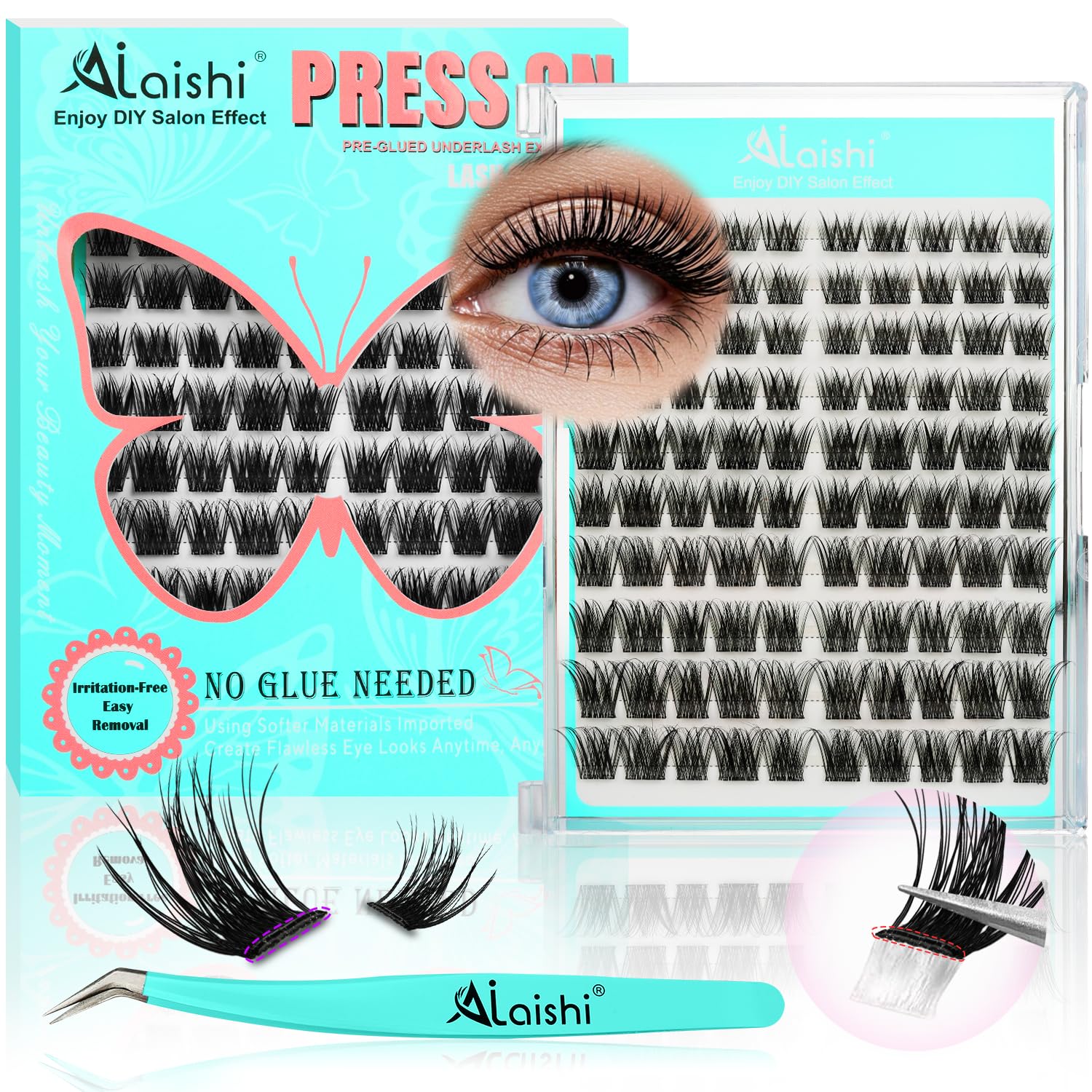 No Glue Needed Lashes, Self Adhesive Eyelashes, DIY Lash Cluster Eyelash Extensions Kit 10‑18mm,120pcs Fluffy D Curl Soft Natural Lashes with Tweezers–Fake Cat Eye Wispy Individual Clusters(NGDYAA1)-FemmiqueWomen