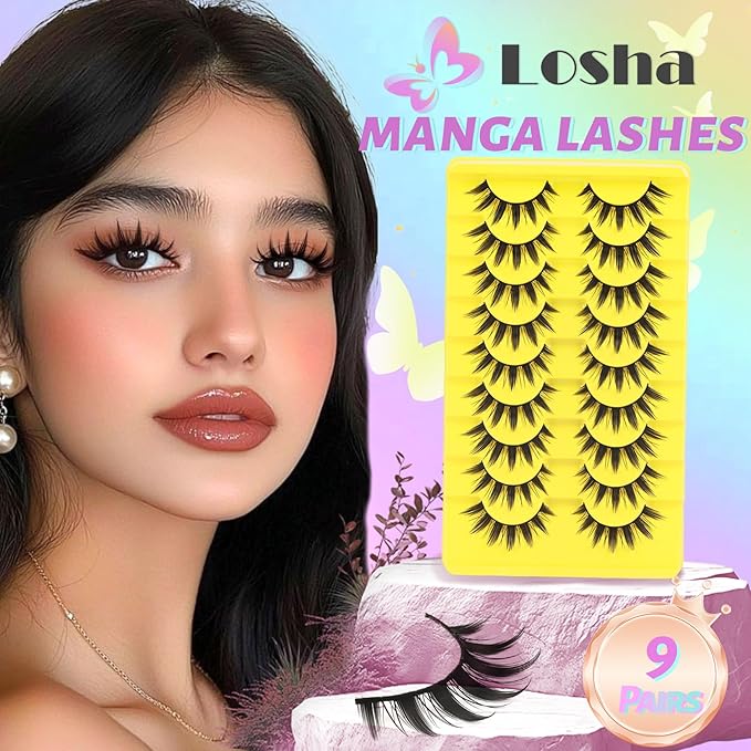 Losha Lashes Spiky Manga Lashes Wispy Anime False Eyelashes 9 Pairs 8D Asian Eye Lashes Natural Anime Fake Eyelashes (Lovely)-FemmiqueWomen
