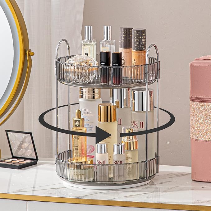 Rotating Makeup Organizer for Vanity, High-Capacity Skincare Clear Make Up Storage Perfume Organizers Cosmetic Dresser Organizer Countertop 360 Spinning (Gray, 2 Tier)-FemmiqueWomen