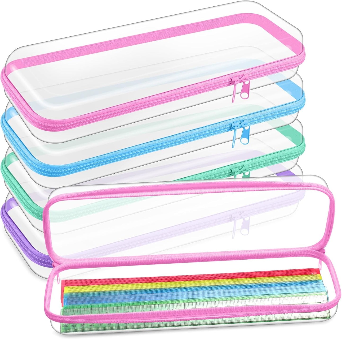 Hoolerry 4 Pcs Hard Clear Zipper Case Makeup Bags Plastic Pencil Pouch Transparent Storage Box Containers for Cosmetics, Snacks, Building Blocks, Puzzles(Pastel,13.2 x 4.7 x 2.4 in)-FemmiqueWomen