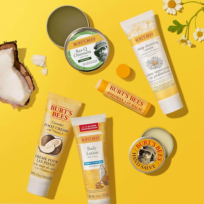 Burt's Bees Back to School Gifts Ideas, 6 College Dorm Products, Timeless Minis Set – Beeswax Lip Balm, Coconut Foot Cream, Milk & Honey Body Lotion, Deep Cleansing Cream, Res-Q Ointment & Hand Salve-FemmiqueWomen