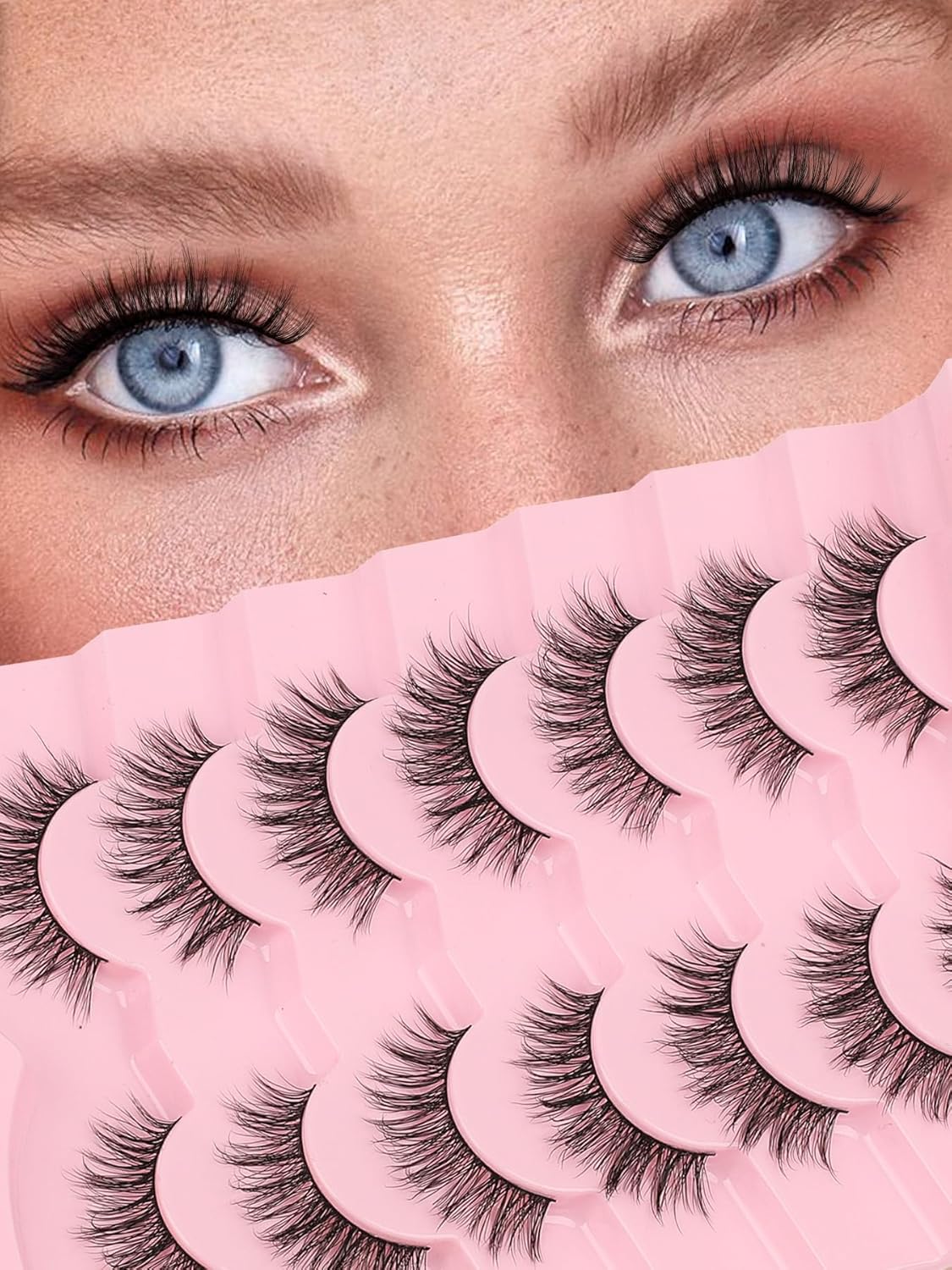 Lashes False Eyelashes Natural 16mm Wispy Lashes Pack Fluffy Eyelashes C Curl Strip Lashes Weightless Fake Lashes 0.1MM Thin Band Eyelash 3D Volume Siligli 7 Pair Lash-FemmiqueWomen