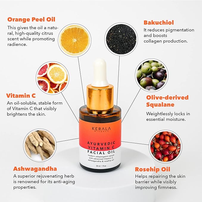 Ayurvedic Vitamin C Face Oil with Rosehip Oil, Bakuchiol, Ashwagandha, and Squalane, Hydrating, Brightening, and Repairing Serum for Dark Spots, Fine Lines, and Wrinkles, Clean Luxury Skincare-FemmiqueWomen