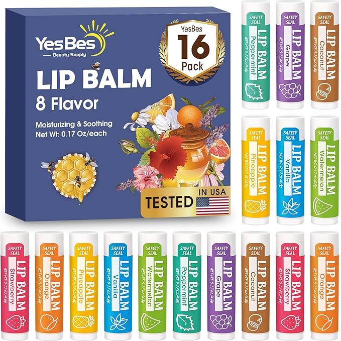 16 Pack Lip Balm, Natural Lip Balm Bulk with Vitamin E and Coconut Oil, Moisturizing Lip Balm for Dry Cracked Lips, Lip Balm for Stocking Stuffers - 8 Flavors-FemmiqueWomen