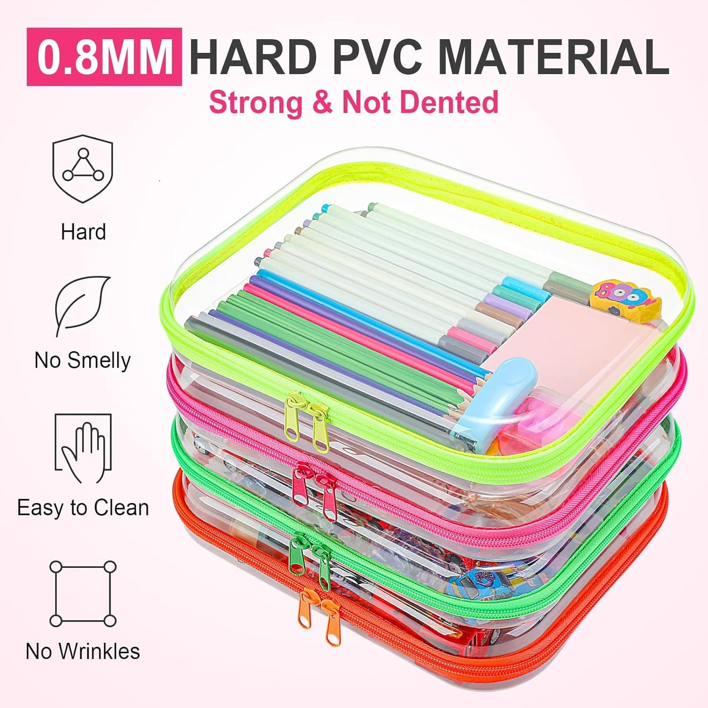 Hoolerry 4 Pcs Hard Clear Zipper Case Makeup Bags Plastic Pencil Pouch Transparent Storage Box Containers for Cosmetics, Snacks, Building Blocks, Puzzles(Fluorescent,9.8 x 7.9 x 2 in)-FemmiqueWomen