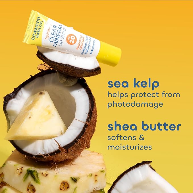 Seaweed Bath Co. Hydrating Clear Mineral Lip Shine SPF 20 Sunscreen Zinc Oxide Lip Balm, 0.28 Oz, Moisturizing Care for Dry, Chapped Lips-FemmiqueWomen