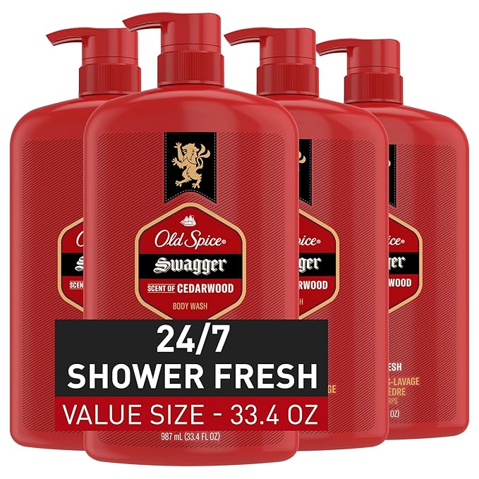 Old Spice Body Wash for Men, 24/7 Shower Fresh with Lasting Scent, Red Collection, Swagger with Cedarwood Scent, 33.4 fl oz (Pack of 4)-FemmiqueWomen