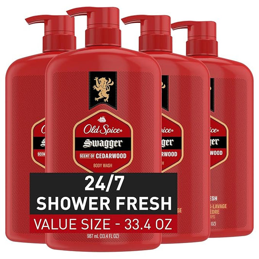Old Spice Body Wash for Men, 24/7 Shower Fresh with Lasting Scent, Red Collection, Swagger with Cedarwood Scent, 33.4 fl oz (Pack of 4)-FemmiqueWomen
