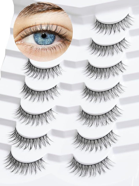 False Eyelashes Natural Look Wispy Lashes 10mm Short Lash C Curl 0.1MM Thin Band Lashes Pack Siligli Fake Eyelash 7 Pair-FemmiqueWomen