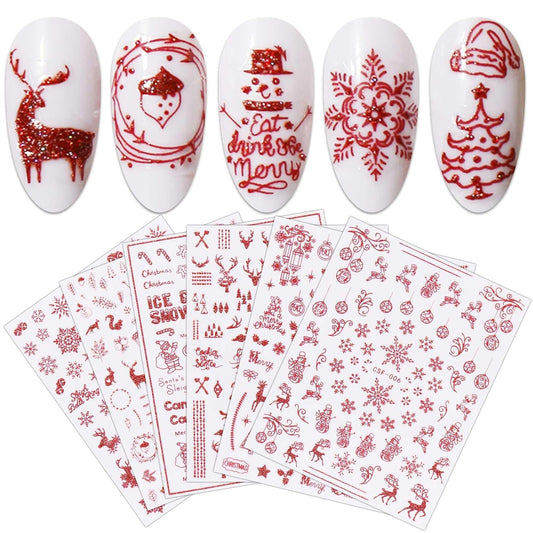 JMEOWIO 9 Sheets Christmas Glitter Nail Art Stickers Decals Self-Adhesive Red Nail Supplies Nail Art Design Decoration Accessories-FemmiqueWomen