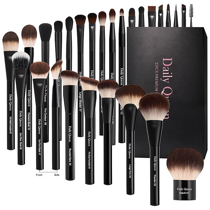 25 pcs Makeup Brush Set Holder Black Professional Kabuki Powder Concealers Eye shadows Blush Eyeliner Eyebrow Contour Eye blending Brushes (25pcs brush with box)-FemmiqueWomen