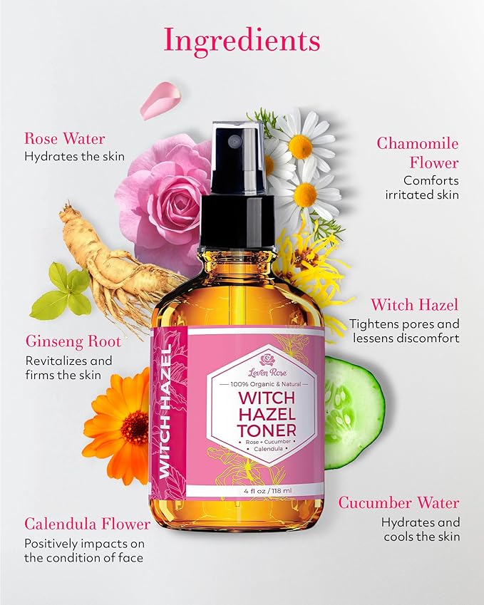 Witch Hazel Alcohol Free Toner by Leven Rose, 100% Pure Organic Facial Rose Water with Rose Petals, Calendula, Cucumber, and Chamomile Flower 4 oz-FemmiqueWomen