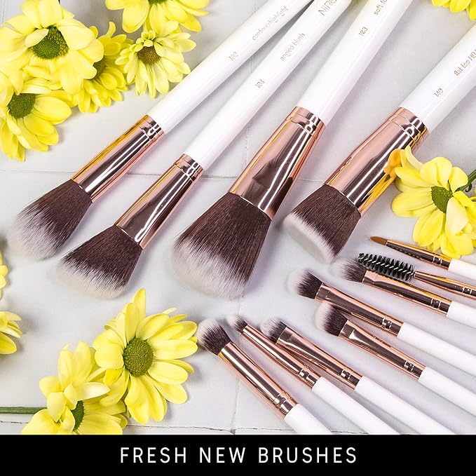 Niré Beauty White 15piece Award Winning Professional Makeup Brush Set: Vegan Makeup Brushes with Case, Makeup Sponge, Cleaner, Guide, Gift Box-FemmiqueWomen