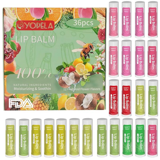 36 Pack Natural Lip Balm Bulk with Vitamin E and Coconut Oil - Moisturizing, Soothing, and Repairing Dry and Chapped Lips - 12 Flavors - Non-GMO-FemmiqueWomen
