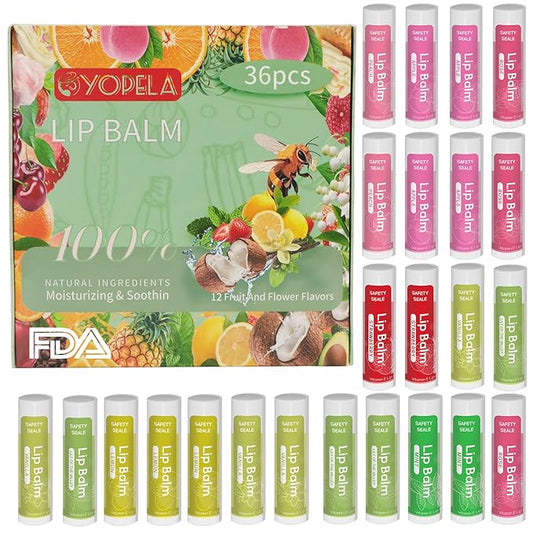 36 Pack Natural Lip Balm Bulk with Vitamin E and Coconut Oil - Moisturizing, Soothing, and Repairing Dry and Chapped Lips - 12 Flavors - Non-GMO-FemmiqueWomen