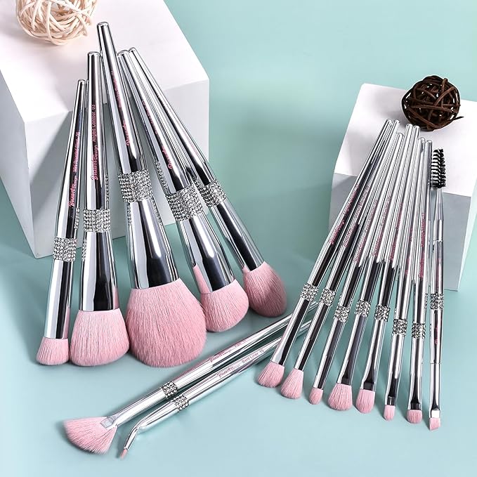 Bueart Design Elegant pink Ultra soft labeled Makeup Brushes Sets with Brush Holder makeup brush set with Foundation Powder blush blending contour Brush (15Pcs Silver Pink+Holder)-FemmiqueWomen