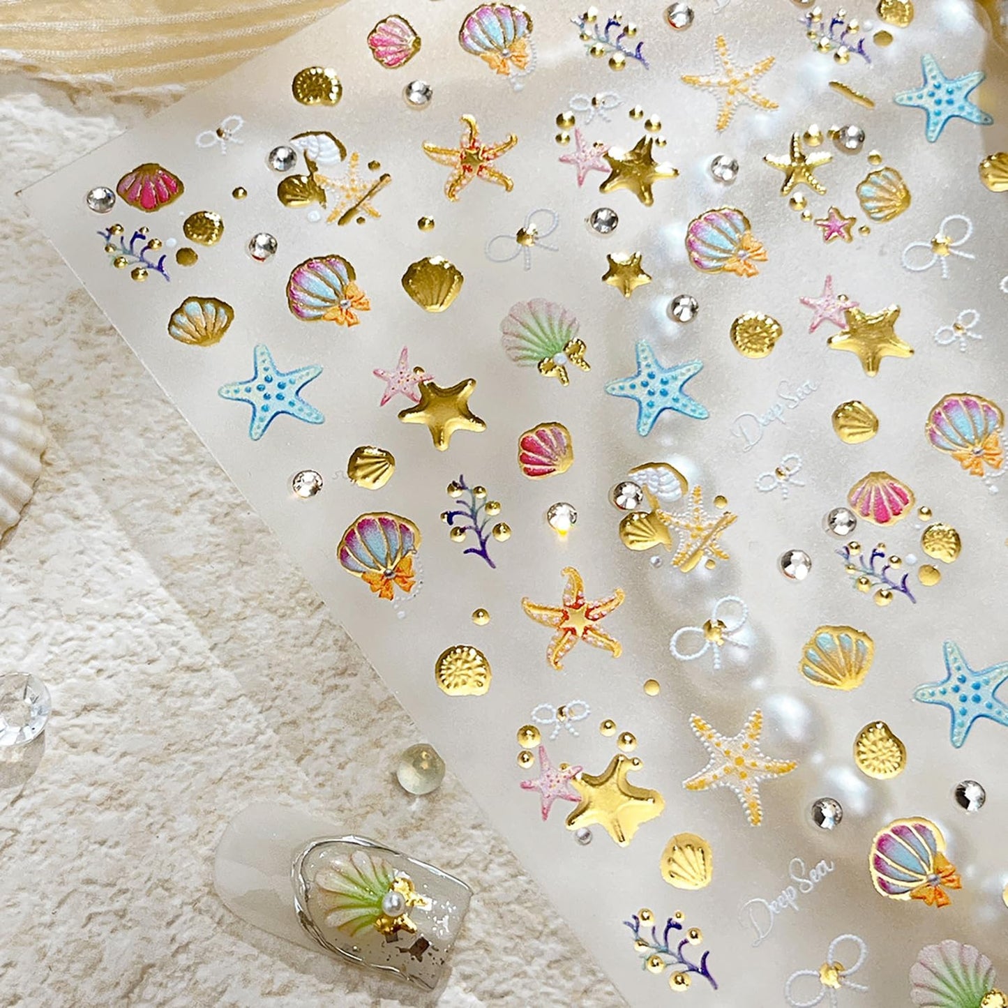 1 Sheets Summer Beach Nail Decals for Nail Art Gold Seashell Starfish Nail Stickers with Diamond Designs Coral Conch Bow Nail Art Stickers 5D Self-Adhesive Ocean Nail Design Supplies for Women-FemmiqueWomen