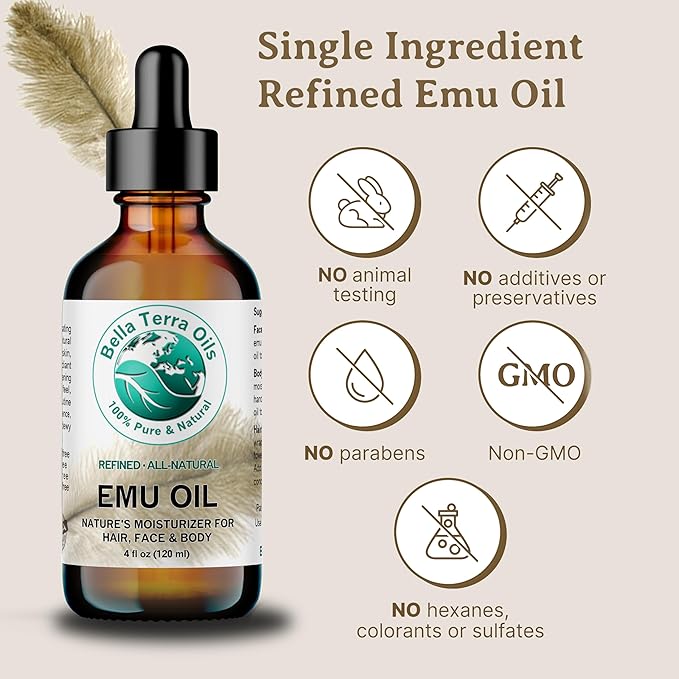Bella Terra Oils - Emu Oil 4 oz - Genuine Pure Australian Emu, Infused with Linoleic & Oleic Acid, Perfect Companion for Lustrous Skin-FemmiqueWomen