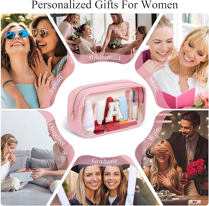 YOOLIFE Travel Toiletry Bag for Women, Pink Clear Makeup Bag Cute Make Up Bag for Women Cosmetic Bags Skin Care Makeup Bag Organizer Birthday Gifts for Women Teacher Mother Girlfriend Initial T-FemmiqueWomen
