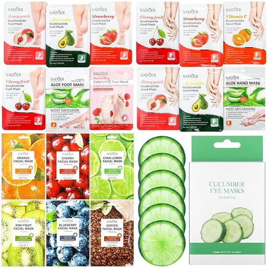 24 Pcs Fruits Beauty Facial Hand Foot Mask Cooling Eye Pads Set Spa Party Night Kit Beauty Skincare Hydrating Skin Cooling Eye Masks for Puffy Eyes Spa Stocking Stuffers Night Summer Party-FemmiqueWomen