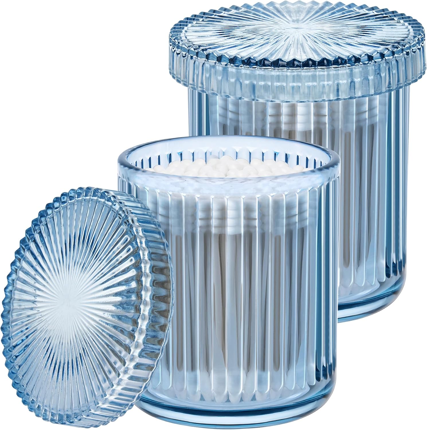 2 Pack Qtip Holders for Bathroom, Clear Glass Apothecary Jars with Lids,Vintage Bathroom Canisters for Cotton Balls,Swabs,Floss Picks,Hair Ties,Vanity Organizer and Storage Decor (Blue)-FemmiqueWomen