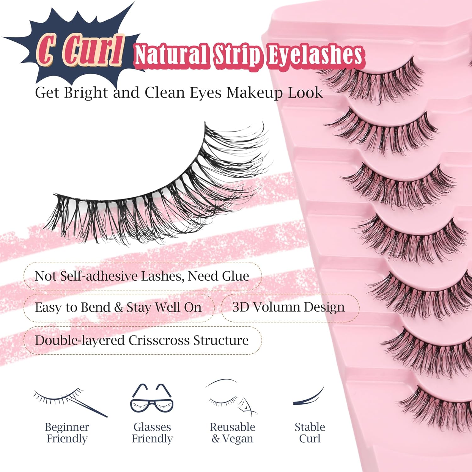 Natural Eyelashes 3D Volume Fake Lashes Lash Strips 7 Pair Siligli-FemmiqueWomen