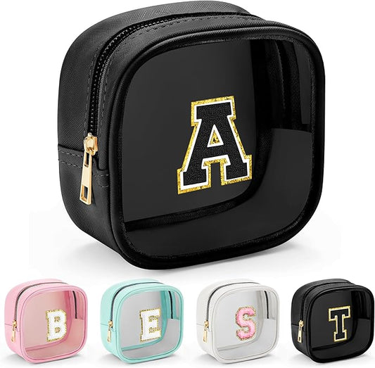 YOOLIFE Initial Mini Makeup Bag | Make Up Bag Travel Toiletry Bag | Clear Makeup Bag | Preppy Cosmetic Bags Organizer Travel Essentials Gifts for Women Teen Girlfriend Teacher Birthday Gifts Black A-FemmiqueWomen